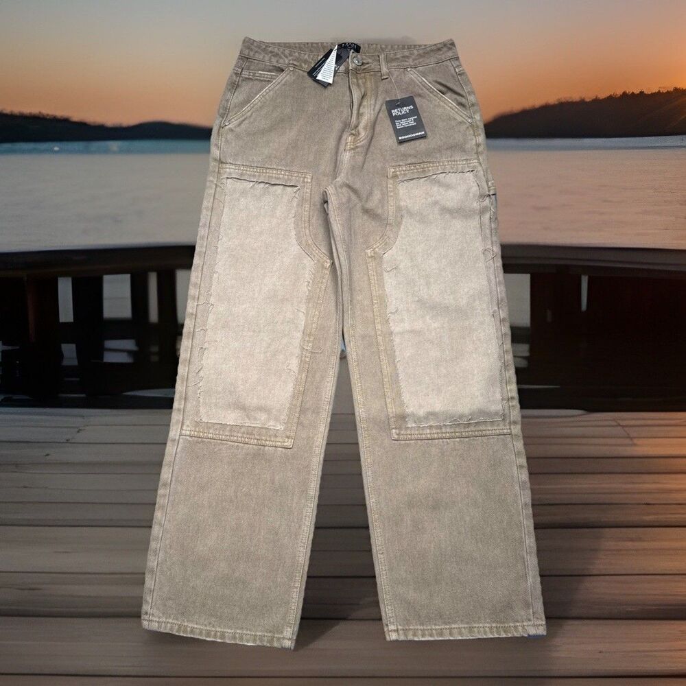 Boohoo Man Relaxed Carpenter Worker Jeans Mens 32 Measure 32x31 Khaki Distressed